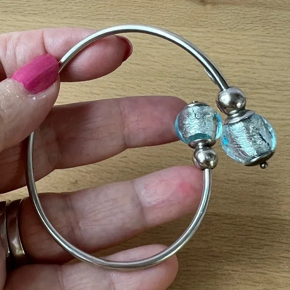 VINTAGE STERLING SILVER COIL WRAP CUFF BRACELET FROSTED AQUA BLUE MURANO GLASS - Picture 12 of 16